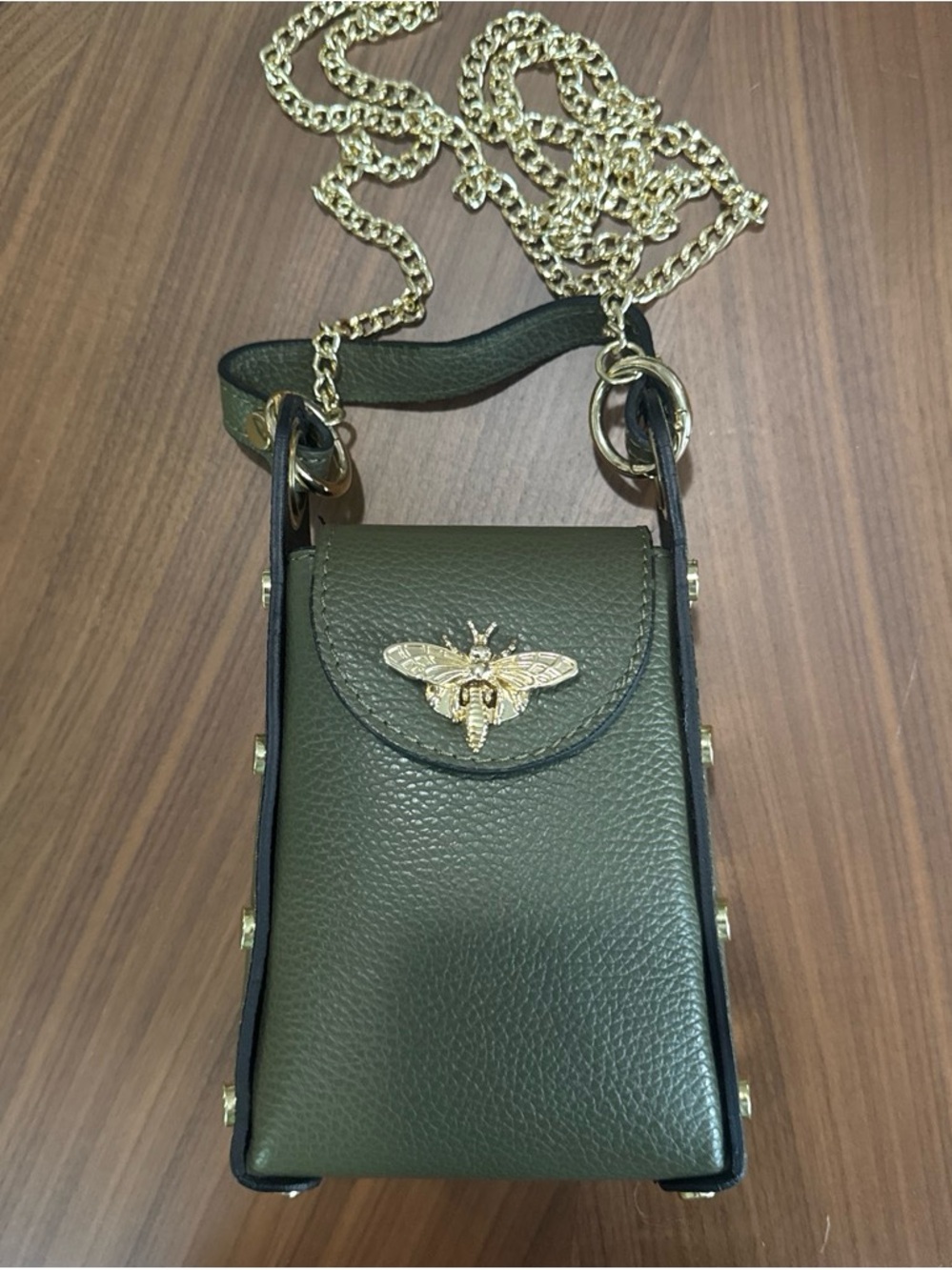 Olive Green Bee-Embellished Leather Crossbody Phone Bag